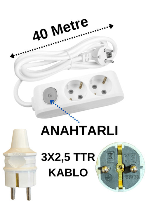 (2'Li) İkili Priz Topraklı Anahtarlı Kablolu Beyaz (3X2,5 Ttr) 40 (Kırk) Metre