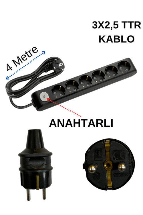 (6'Lı) Altılı Priz Topraklı Anahtarlı Kablolu Siyah (3X2,5 Ttr) 4 (Dört) Metre
