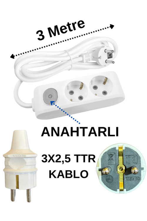 (2'Li) İkili Priz Topraklı Anahtarlı Kablolu Beyaz (3X2,5 Ttr) 3 (Üç) Metre