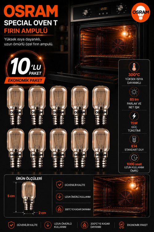 (10 Lu Paket) 15W E14 Fırın Ampulü 300°C Isıya Dayanıklı Sarı Işık