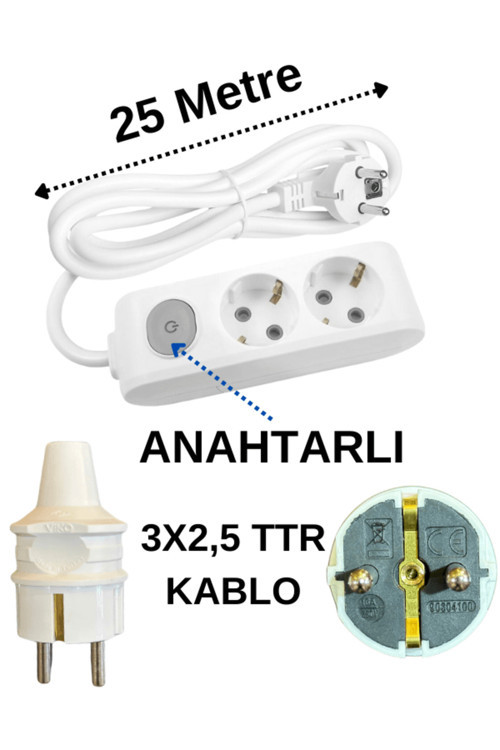 (2'Li) İkili Priz Topraklı Anahtarlı Kablolu Beyaz (3X2,5 Ttr) 25 (Yirmi Beş) Metre