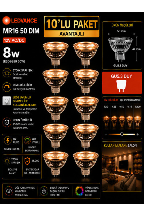 (10 Adet) Ledvance 12V Ac/Dc 8W (50W) Dimli 2700K (Sarı Işık) Gu5.3 Duylu Led Çanak Ampul
