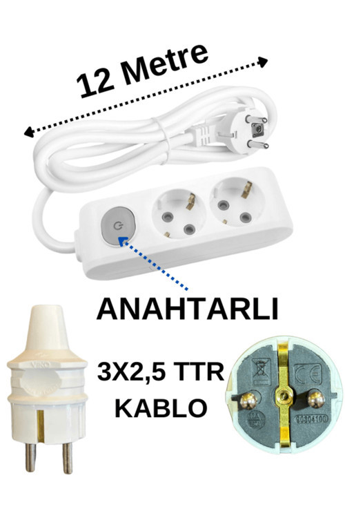 (2'Li) İkili Priz Topraklı Anahtarlı Kablolu Beyaz (3X2,5 Ttr) 12 (On İki) Metre