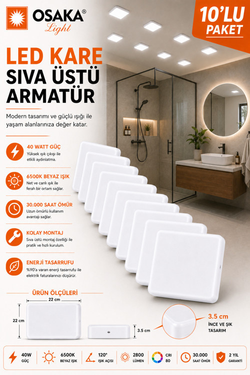 (10 Adet) Osaka 40W Kare Sıva Üstü Armatür Beyaz Işık (6500K)