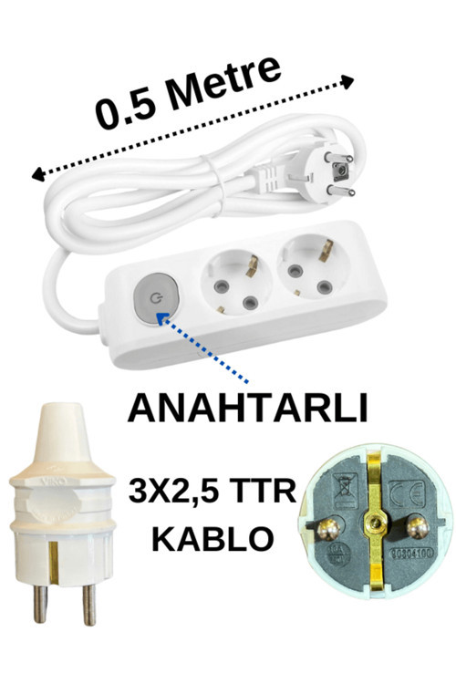 (2'Li) İkili Priz Topraklı Anahtarlı Kablolu Beyaz (3X2,5 Ttr) 0,5 (Yarım) Metre