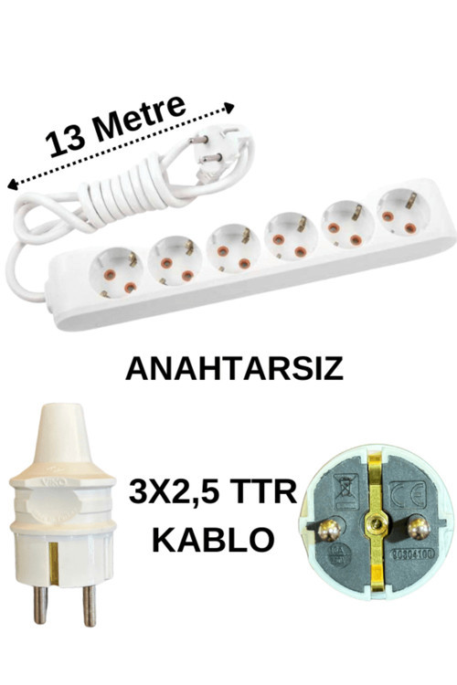 (6'Lı) Altılı Priz Topraklı Kablolu Beyaz (3X2,5 Ttr) 13 (On Üç) Metre