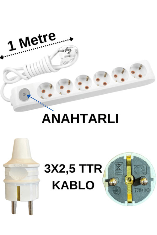 (6'Lı) Altılı Priz Topraklı Anahtarlı Kablolu Beyaz (3X2,5 Ttr) 1 (Bir) Metre