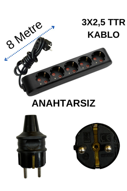(5'Li) Beşli Priz Topraklı Kablolu Siyah (3X2,5 Ttr) 8 (Sekiz) Metre