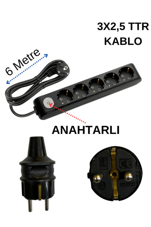 (5'Li) Beşli Priz Topraklı Anahtarlı Kablolu Siyah (3X2,5 Ttr) 6 (Altı) Metre
