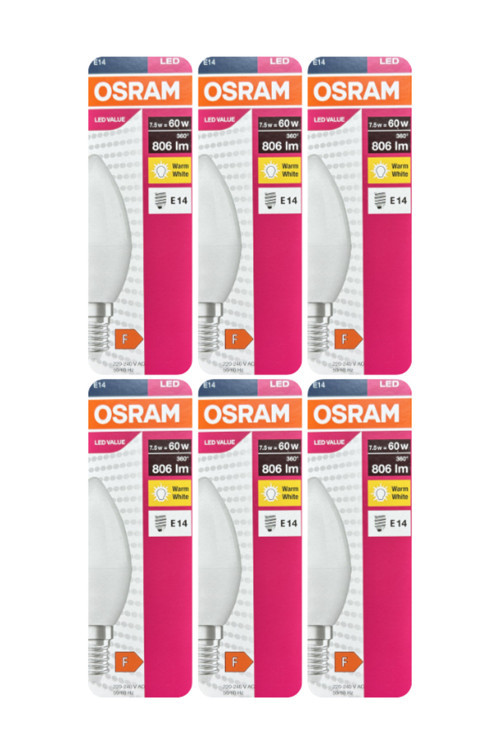 (6 Adet) Ledvance 7,5W Sarı Işık (2700K) E14 Duylu (İnce Duy) Led Ampul