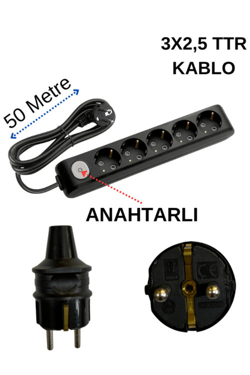 (5'Li) Beşli Priz Topraklı Anahtarlı Kablolu Siyah (3X2,5 Ttr) 50 (Elli) Metre
