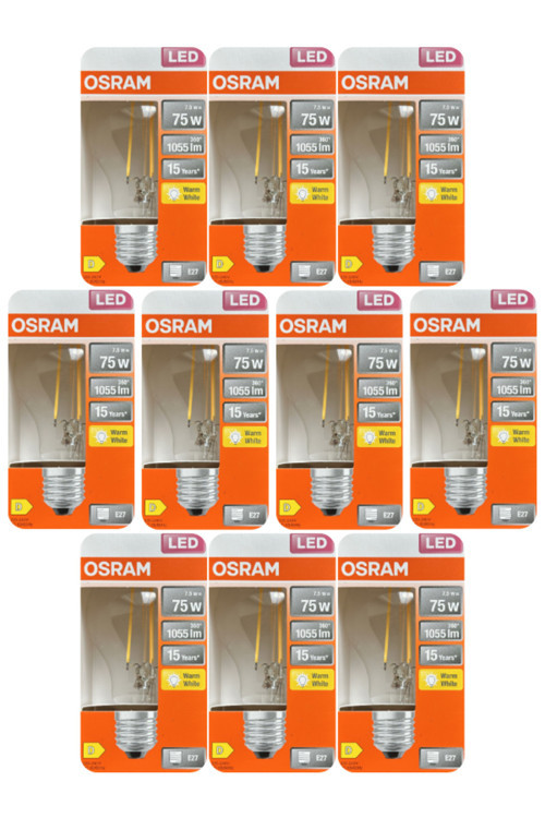 (10 Adet) Ledvance 7,5W Sarı Işık (2700K) E27 Duylu (Kalın Duy) Filament Led Ampul
