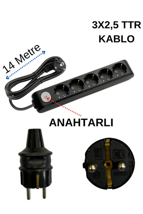 (5'Li) Beşli Priz Topraklı Anahtarlı Kablolu Siyah (3X2,5 Ttr) 14 (On Dört) Metre