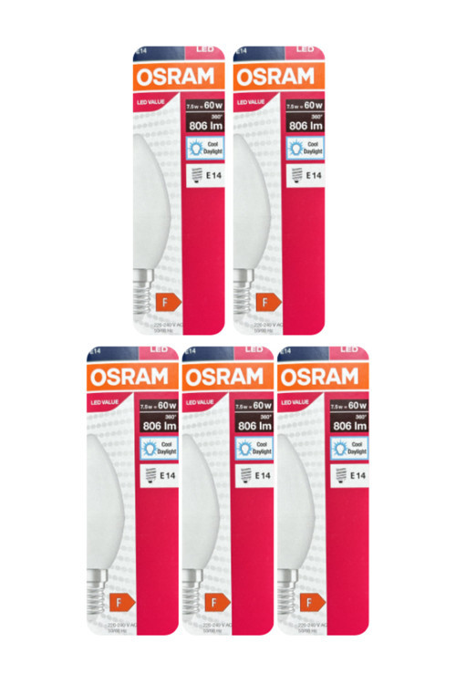 (5 Adet) Ledvance 7,5W Beyaz Işık (6500K) E14 Duylu (İnce Duy) Led Ampul