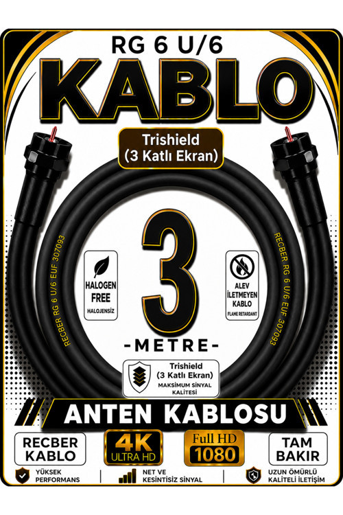 Reçber Rg 6 U/6 Phy-Hf Trishield Koaksiyel Uydu Kablosu 307093 3 Metre
