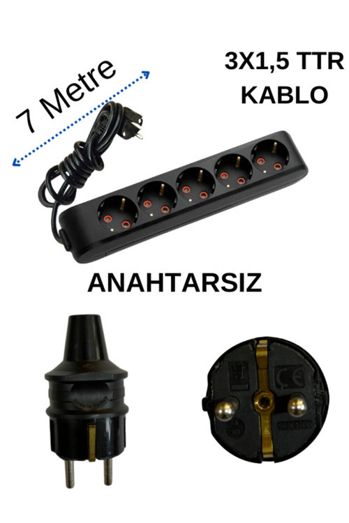 (5'Li) Beşli Priz Topraklı Kablolu Siyah (3X1,5 Ttr) 7 (Yedi) Metre