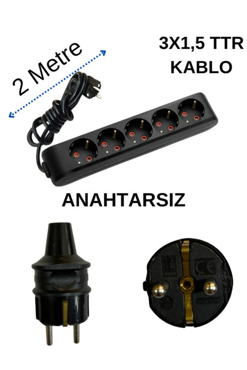 (5'Li) Beşli Priz Topraklı Kablolu Siyah (3X1,5 Ttr) 2 (İki) Metre