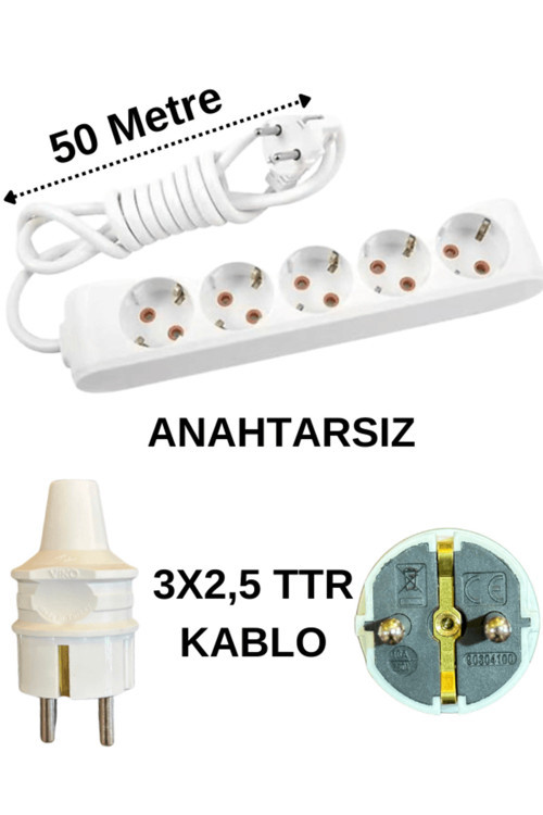 (5'Li) Beşli Priz Topraklı Kablolu Beyaz (3X2,5 Ttr) 50 (Elli) Metre