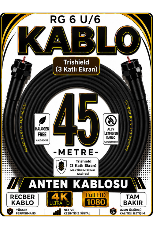 Reçber Rg 6 U/6 Phy-Hf Trishield Koaksiyel Uydu Kablosu 307093 45 Metre