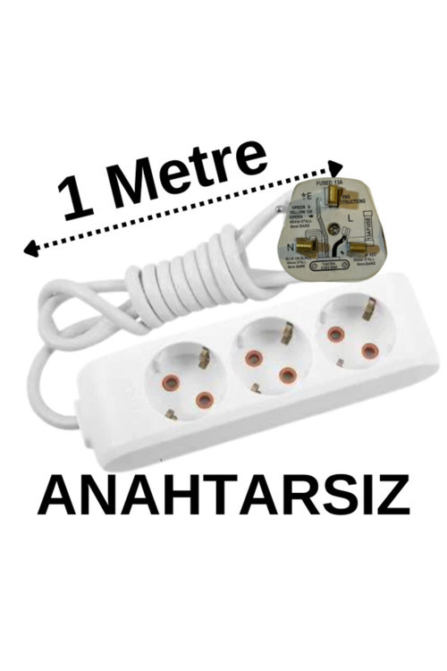 İngiliz Erkek Türk Dişi Universal Priz Dönüştürücüsü Uzatmalı 3 Lü 1 Metre