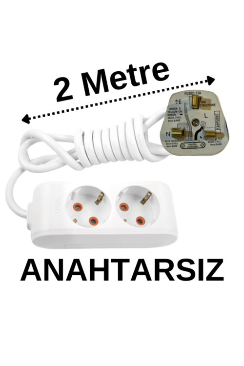 İngiliz Erkek Türk Dişi Universal Priz Dönüştürücüsü Uzatmalı 2 Li 2 Metre