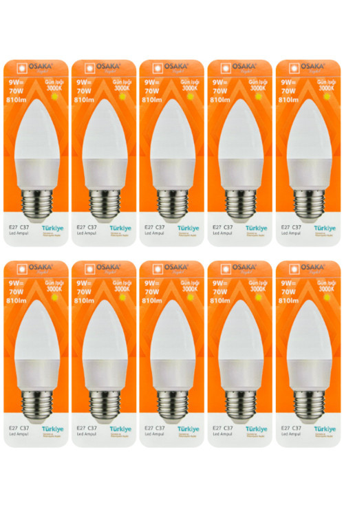 (10 Adet) Osaka 9W (70W) Sarı Işık (3000K) E27 Duylu (Kalın Duy) Led Mum Ampul