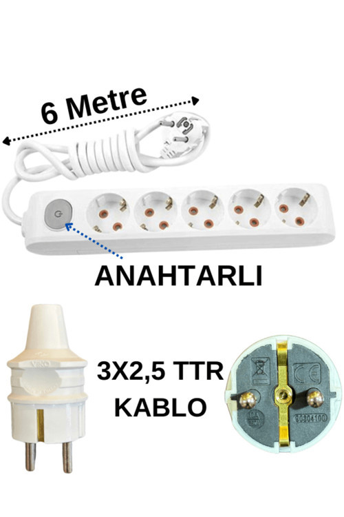 (5'Li) Beşli Priz Topraklı Anahtarlı Kablolu Beyaz (3X2,5 Ttr) 6 (Altı) Metre
