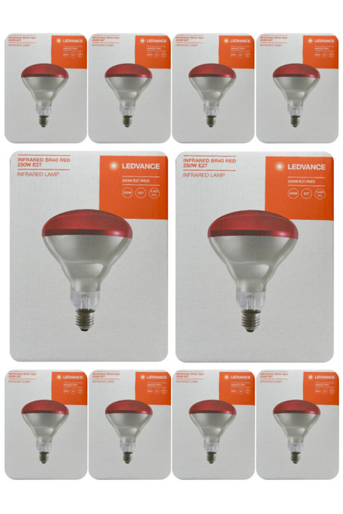 (10 Adet) Ledvance 250W Kızılötesi Hayvan Isıtma Ve Fizik Tedavi Lambası (Kırmızı Işık) E27 Duy