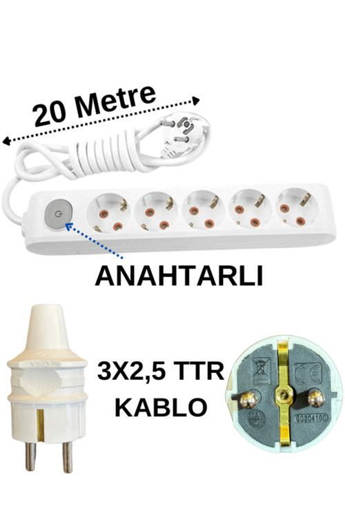 (5'Li) Beşli Priz Topraklı Anahtarlı Kablolu Beyaz (3X2,5 Ttr) 20 (Yirmi) Metre