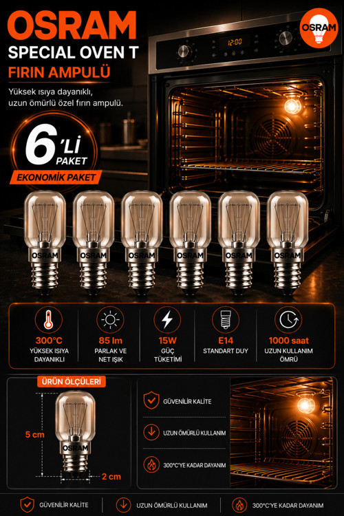 (6 Lı Paket) 15W E14 Fırın Ampulü 300°C Isıya Dayanıklı Sarı Işık