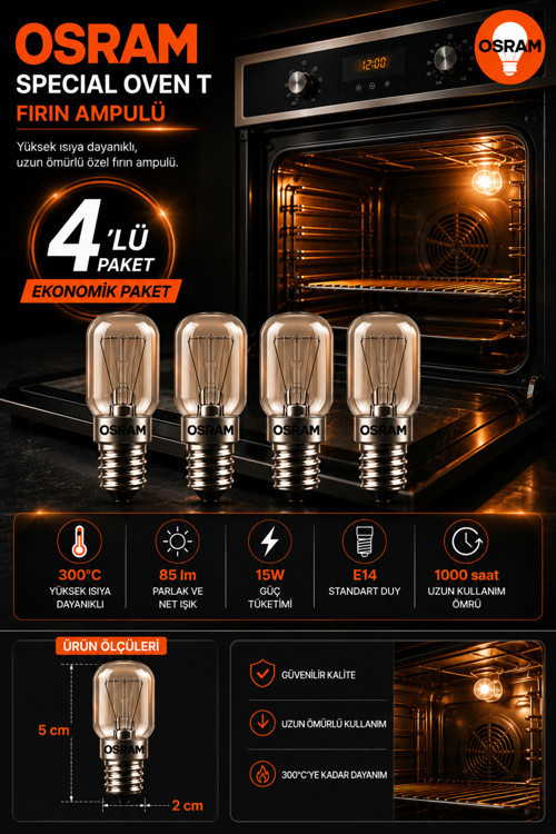 (4 Lü Paket) 15W E14 Fırın Ampulü 300°C Isıya Dayanıklı Sarı Işık