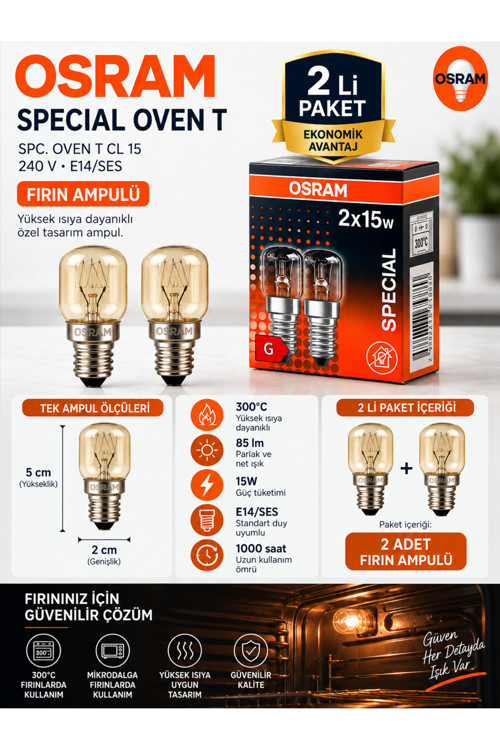 (2 Li Paket) 15W E14 Fırın Ampulü 300°C Isıya Dayanıklı Sarı Işık