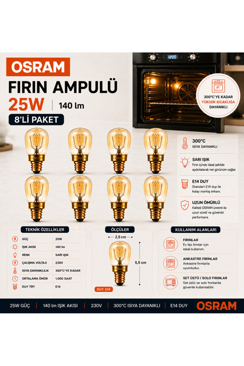 (8 Adet) 25W E14 Fırın Ampulü 300°C Isıya Dayanıklı Sarı Işık