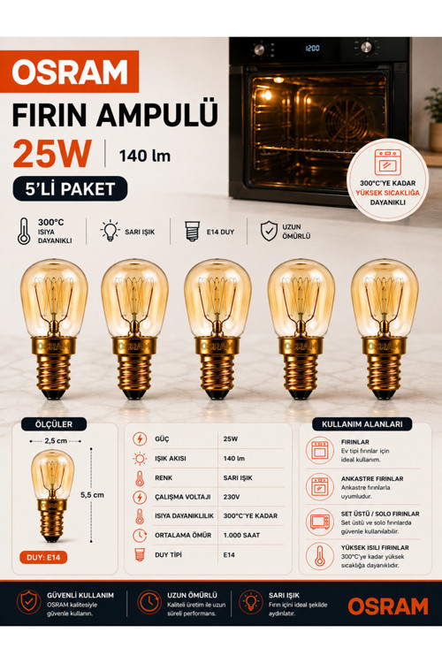 (5 Adet) 25W E14 Fırın Ampulü 300°C Isıya Dayanıklı Sarı Işık