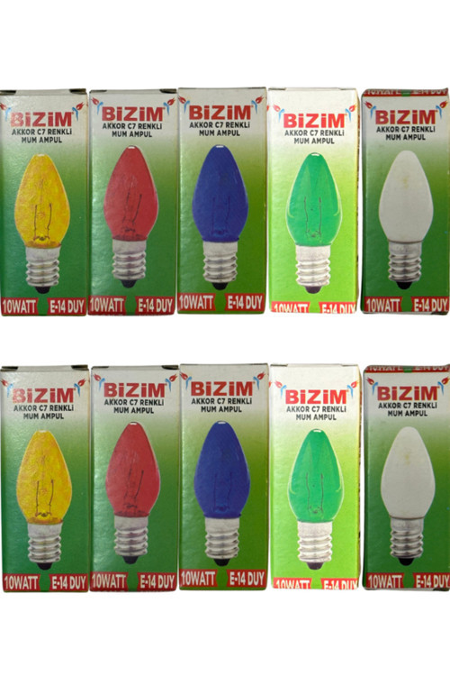 10W Beş Farklı Renk (Kırmızı, Sarı, Mavi, Yeşil, Günışığı)E14 Duylu Mum Ampul (Toplam 10 Adet)