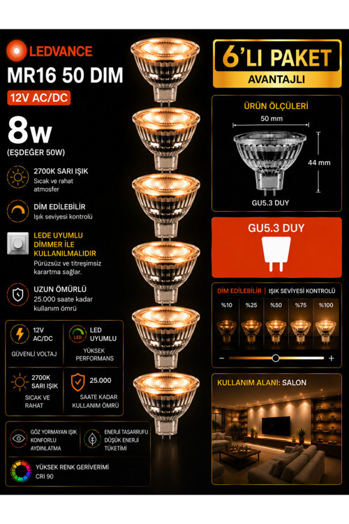 (6 Adet) Ledvance 12V Ac/Dc 8W (50W) Dimli 2700K (Sarı Işık) Gu5.3 Duylu Led Çanak Ampul