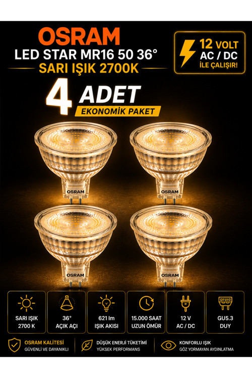 (4 Adet) Ledvance 12V Ac/Dc 6.1W (50W) 2700K (Sarı Işık) Gu5.3 Duylu Led Çanak Ampul