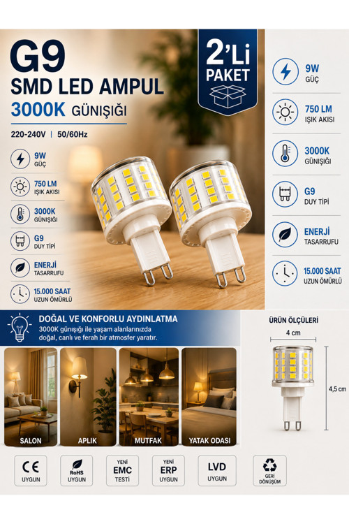 (2 Adet) 9W 750 Lm 3000K Günışığı G9 Smd Led Ampul