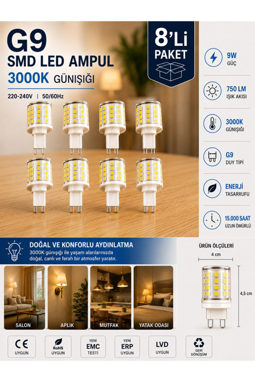 (8 Adet) 9W 750 Lm 3000K Günışığı G9 Smd Led Ampul