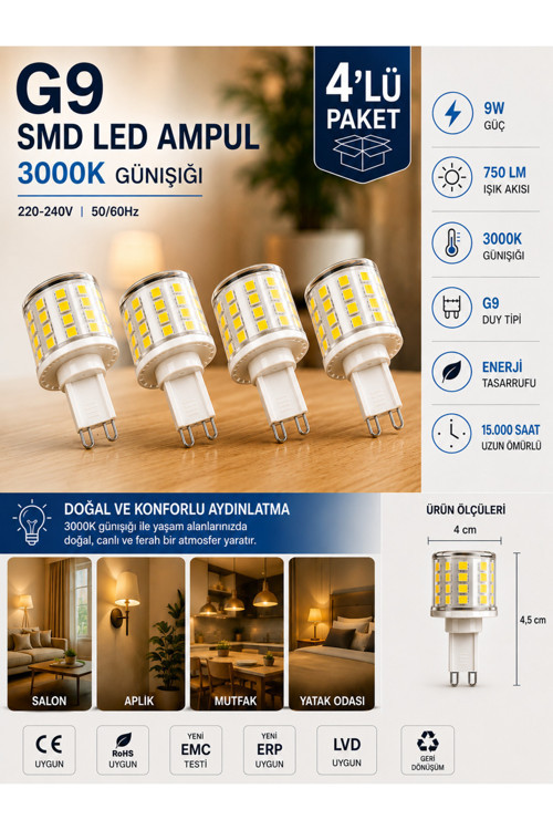 (4 Adet) 9W 750 Lm 3000K Günışığı G9 Smd Led Ampul