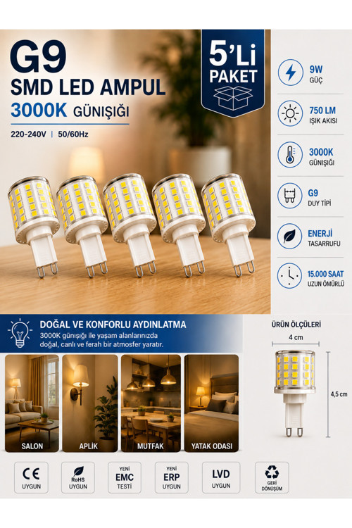 (5 Adet) 9W 750 Lm 3000K Günışığı G9 Smd Led Ampul