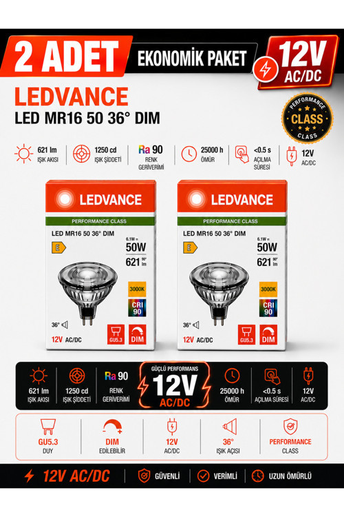 (2 Adet) Ledvance 12V Ac/Dc 6.1W (50W) 3000K (Sarı Işık) Dim Edilebilir Gu5.3 Duylu Led Çanak Ampul