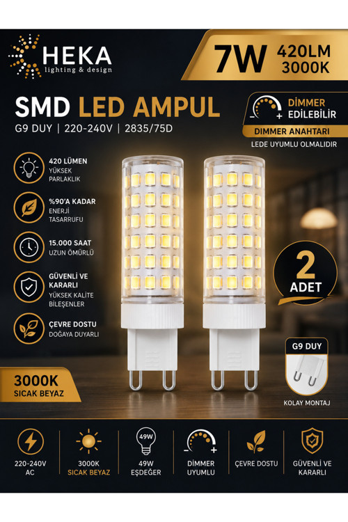 (2 Adet) Heka 7W Günışığı (3000K) G9 Duylu Dim Edilebilir Led Kapsül Ampul