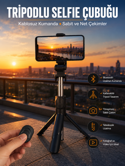 Selfie Çubuğu Tripod Kumandalı Telefon Tutucu Siyah UCZSELFİEÇUBUĞU2-1