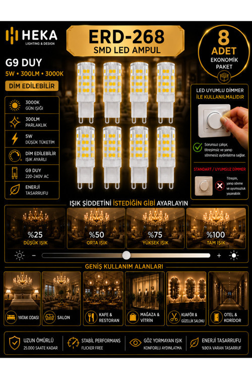 (8 Adet) Heka 5W Günışığı (3000K) G9 Duylu Dim Edilebilir Led Kapsül Ampul