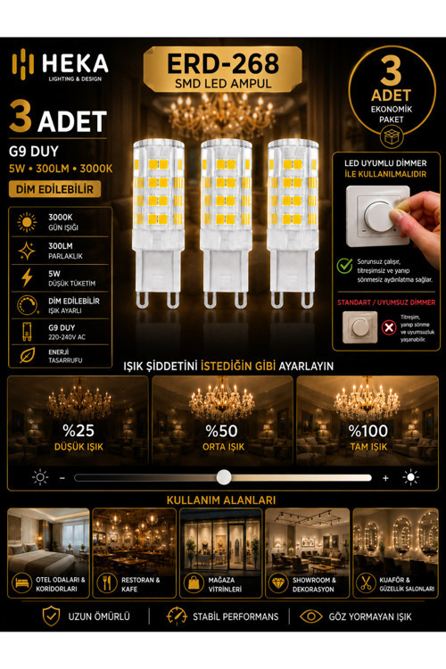 (3 Adet) Heka 5W Günışığı (3000K) G9 Duylu Dim Edilebilir Led Kapsül Ampul
