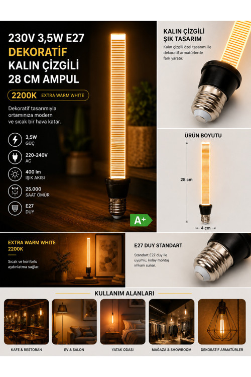 Osaka 3,5W 2200K Sarı Işık Dekoratif Kalın Çizgili 28 Cm E27 Duylu Ampul