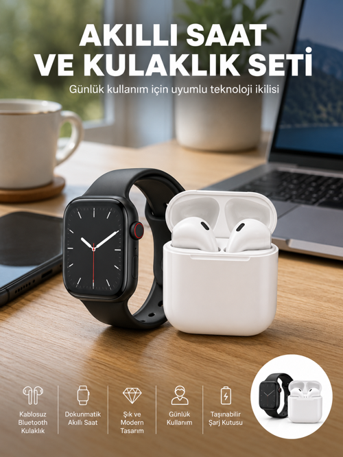 Akıllı Saat Gümüş Kasa Bluetooth Kulaklık Hediyeli Çok Fonksiyonlu İkili Set CZZLFWATCH9MAXAKILLISAA