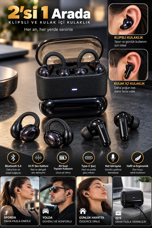 2’si 1 Arada Kablosuz Bluetooth Kulaklık 4 Kulaklıklı Klipsli ve Kulak İçi Tasarım Hi Fi Ses Dokunma