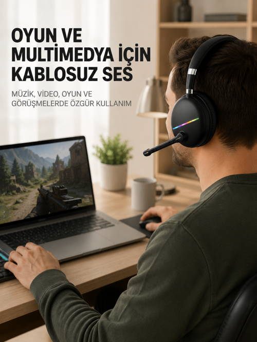 Bluetooth 5.0 RGB Işıklı Mikrofonlu Kablosuz Kulak Üstü Kulaklık 1